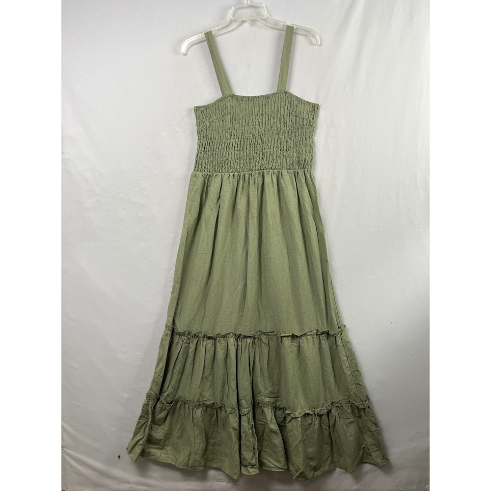 Falls Creek Maxi Dress Womens Medium Green New Linen Blend Smocked Tiered Boho